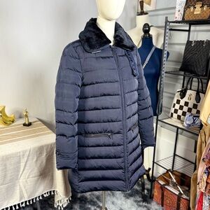EUC Zara Navy Blue Down Coat w/ Black Faux Fur Collar